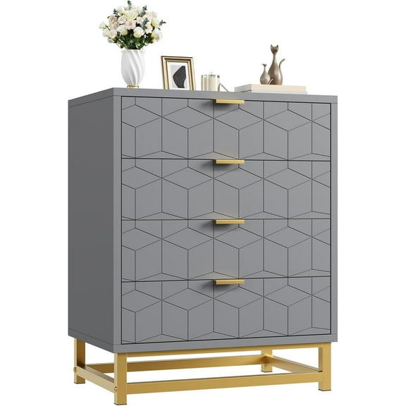 Garvee Dresser for Bedroom, 4 Drawer Dresser with Metal Legs, Wood Dressers Chest Organizer with Wide Storage, Modern Chest of Drawers for Bedroom, Living Room, Hallway, Grey