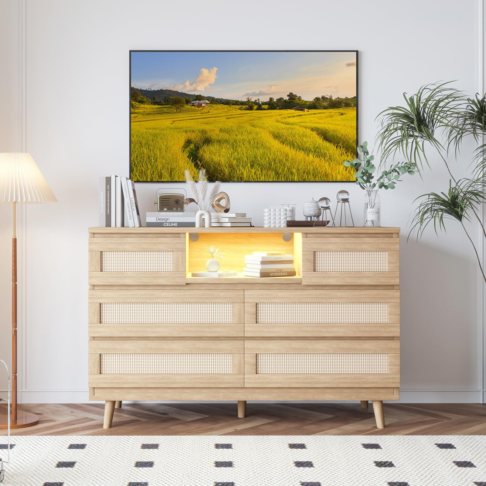 Natural Oak 6-Drawer Rattan Dresser with LED Light and Charging Station