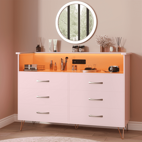 Garvee Dresser for Bedroom with Charging Station & LED Light, Modern 6 Drawer Double Dresser with Wide Wood Drawers, Black Chest of Drawers for Bedroom, Living Room, TV Stand (White)