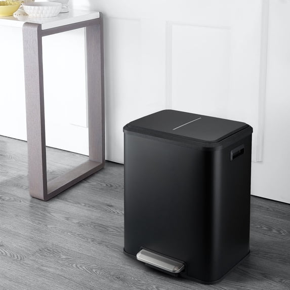 Garvee Dual Trash Can for Recycling and Trash, 2 x 4 Gallon (30L) Stainless Steel Kitchen Trash Can with Lid and Foot Pedal, Double Compartment Garbage Can, Trash Can with Recycling Bin, Black