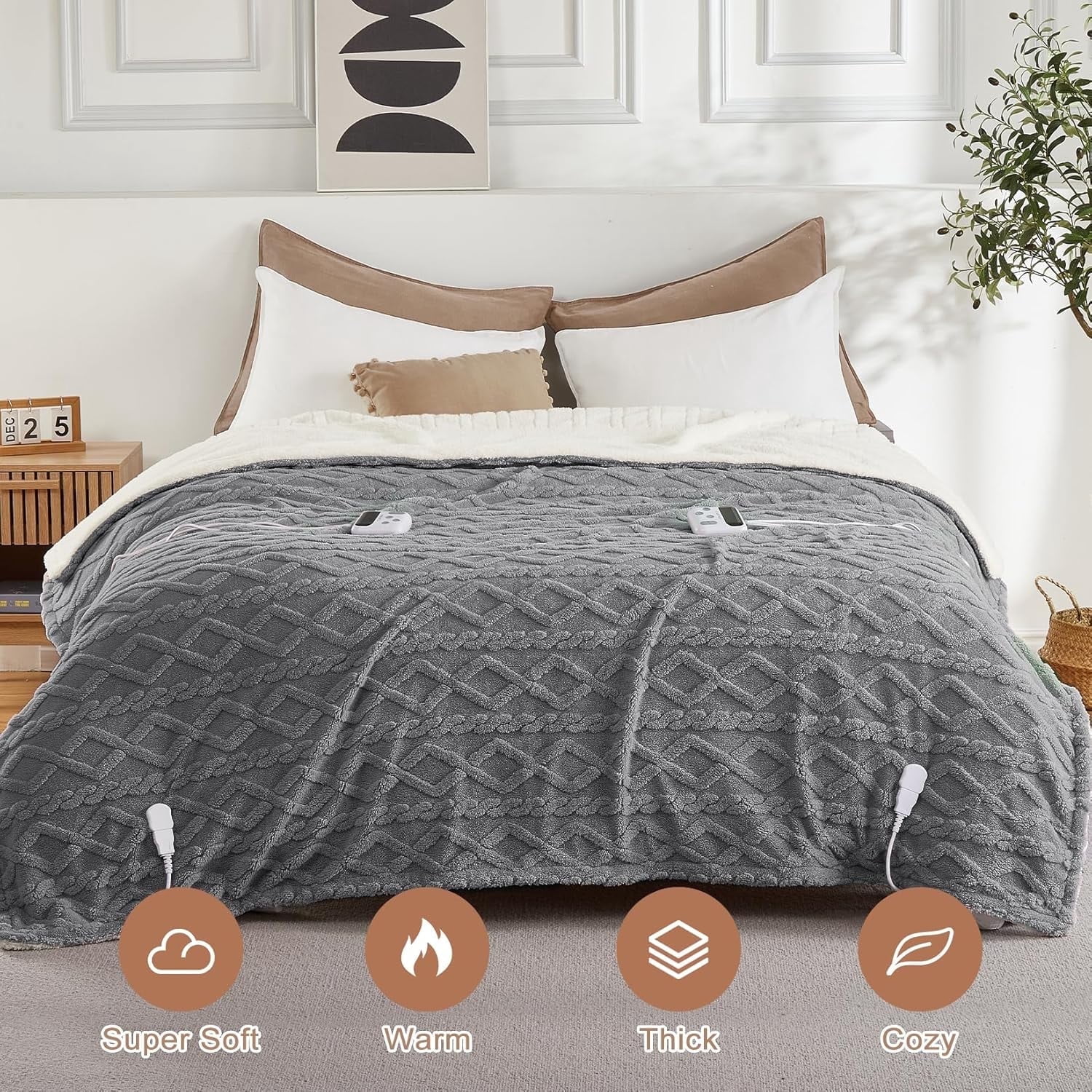 Garvee Electric Heated Blanket, Queen Size 84"x90", 10 Heat Levels, Dual Control, Machine Washable, Gray