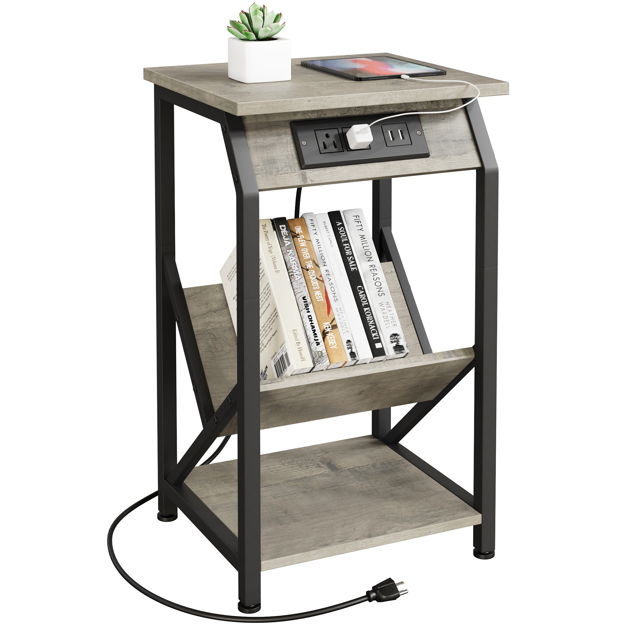 Garvee End Table with Charging Station, Grey Side Table with USB Ports and Outlets Small