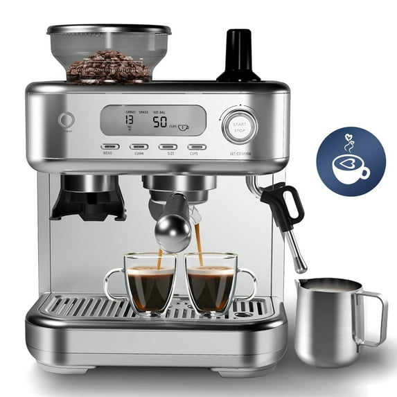 Garvee Espresso Machine with Grinder, 15 Bar Stainless Steel Professional Espresso Maker W/LCD Display & 2.3L Removable Water Tank for Home Office, Gray