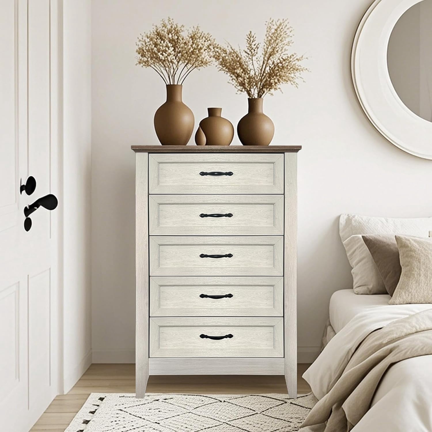 Garvee Farmhouse 5 Drawer Dresser Chest, Wood Tall Dressers for Bedroom Storage Organizer, Vintage Style for Living Room, Kids, Nursery, Hallway Closet