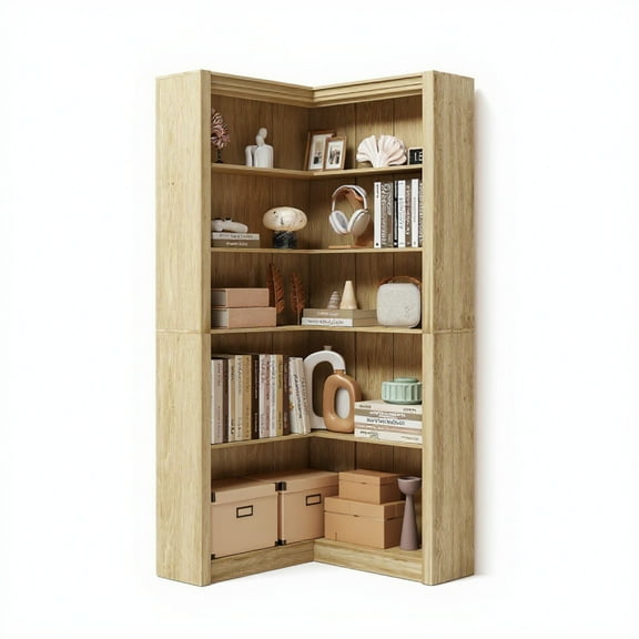 Garvee Farmhouse 5 Tier L-Shaped Corner Bookshelf, 31.5" x 31.5" x 71.8", Oak