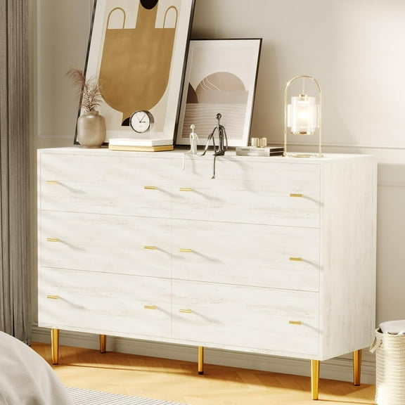 Garvee Farmhouse 6 Drawers Dresser for Bedroom, 47.2" Wide White Dresser Wood Rustic Chest of Drawers with Large Drawers & Bar Handles,Natural Texture,Drawer Organizer for Living Room