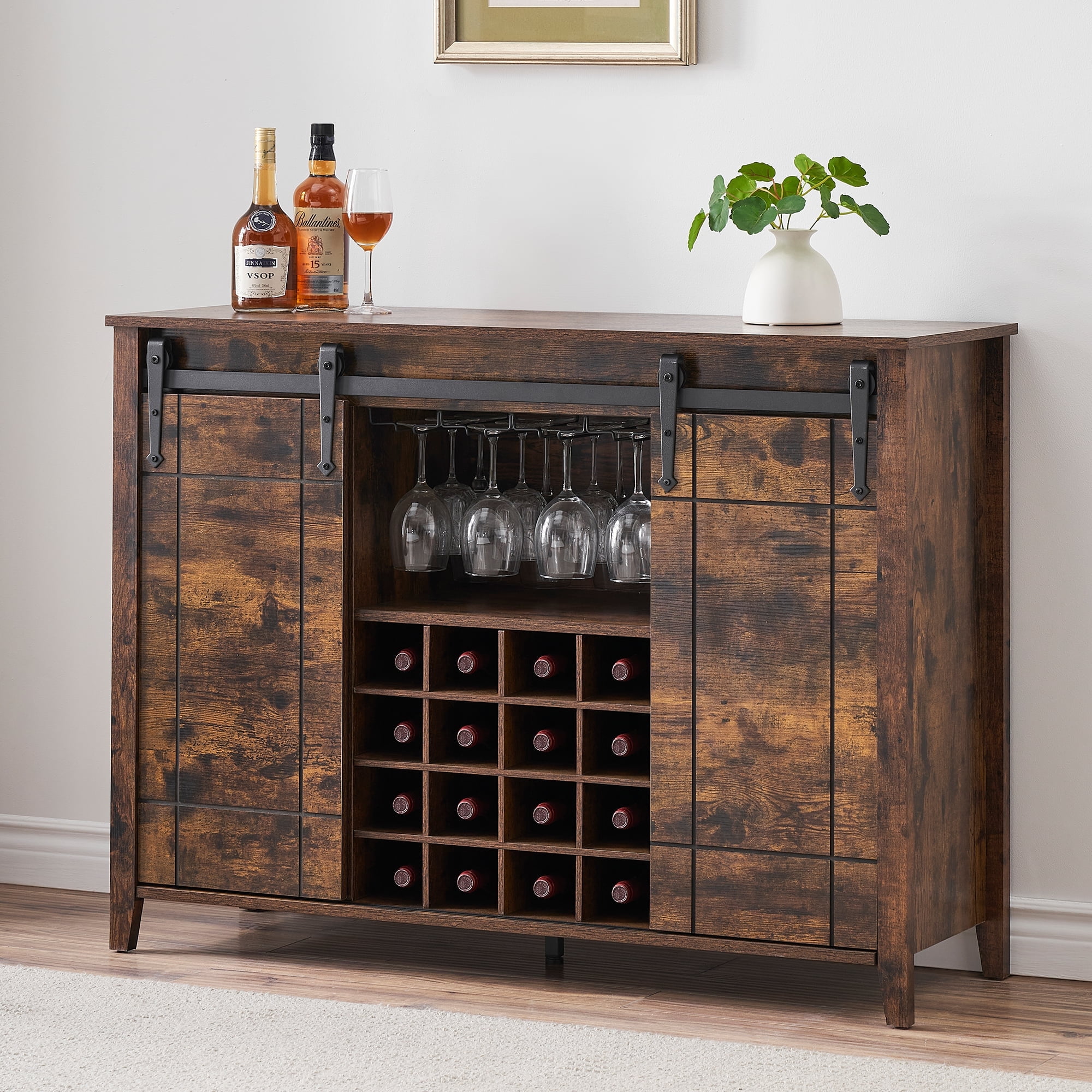 Rustic Brown 47'' Sliding Barn Door Wine Bar Cabinet with Storage