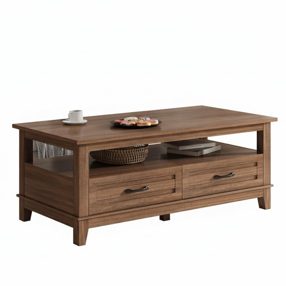 Garvee Farmhouse Coffee Table with 2 Drawers, 47.24 x 23.62 x 19", Open Shelf, Brown