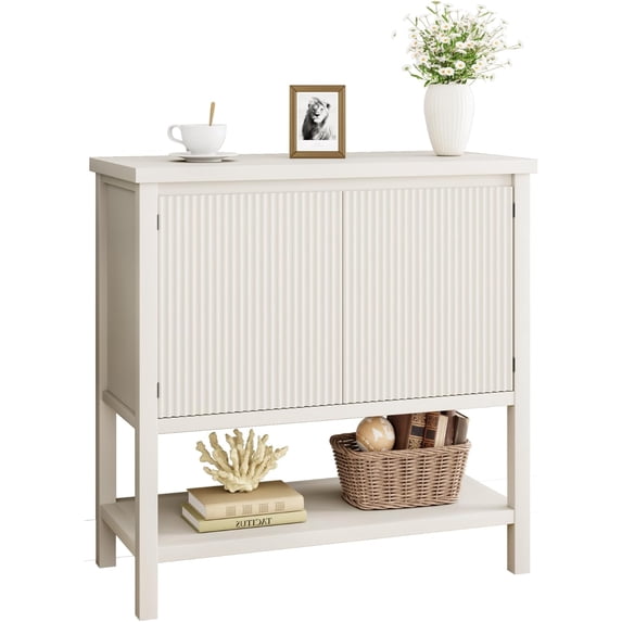 Garvee Farmhouse Console Table with Storage - 2 Fluted Door Cabinet, Entryway Sofa Table & Buffet Sideboard for Living Room, Dining Room & Hallway - Rustic White Wooden Shelf & Cabinet