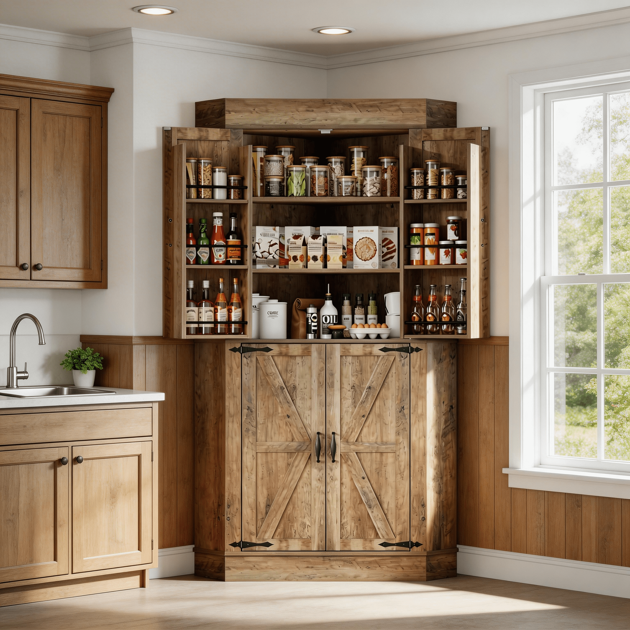 Garvee Farmhouse Corner Bar Cabinet, 71" Tall Pantry Cabinet with 4 Doors, L-Shaped Buffet Hutch for Dining Room, Ktichen, Gray