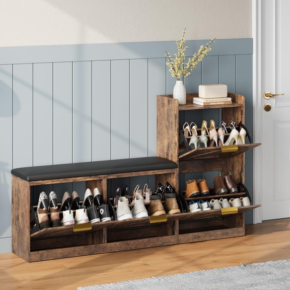Garvee Farmhouse Entryway Shoe Cabinet with Bench & 4 Flip Drawers, Comfort Cushioned Shoe Storage Bench, Rustic Brown Freestanding Shoe Organizer for Foyer, Hallway, Living Room Home Decor Retro