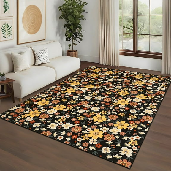 Garvee Farmhouse Floral Print Rug 8'x10' Large Area Rug, Stain-Resistant Modern Rug Washable Rug with Non-Slip Backing Soft Indoor Carpet for Living Room Bedroom Dinning Room, Black
