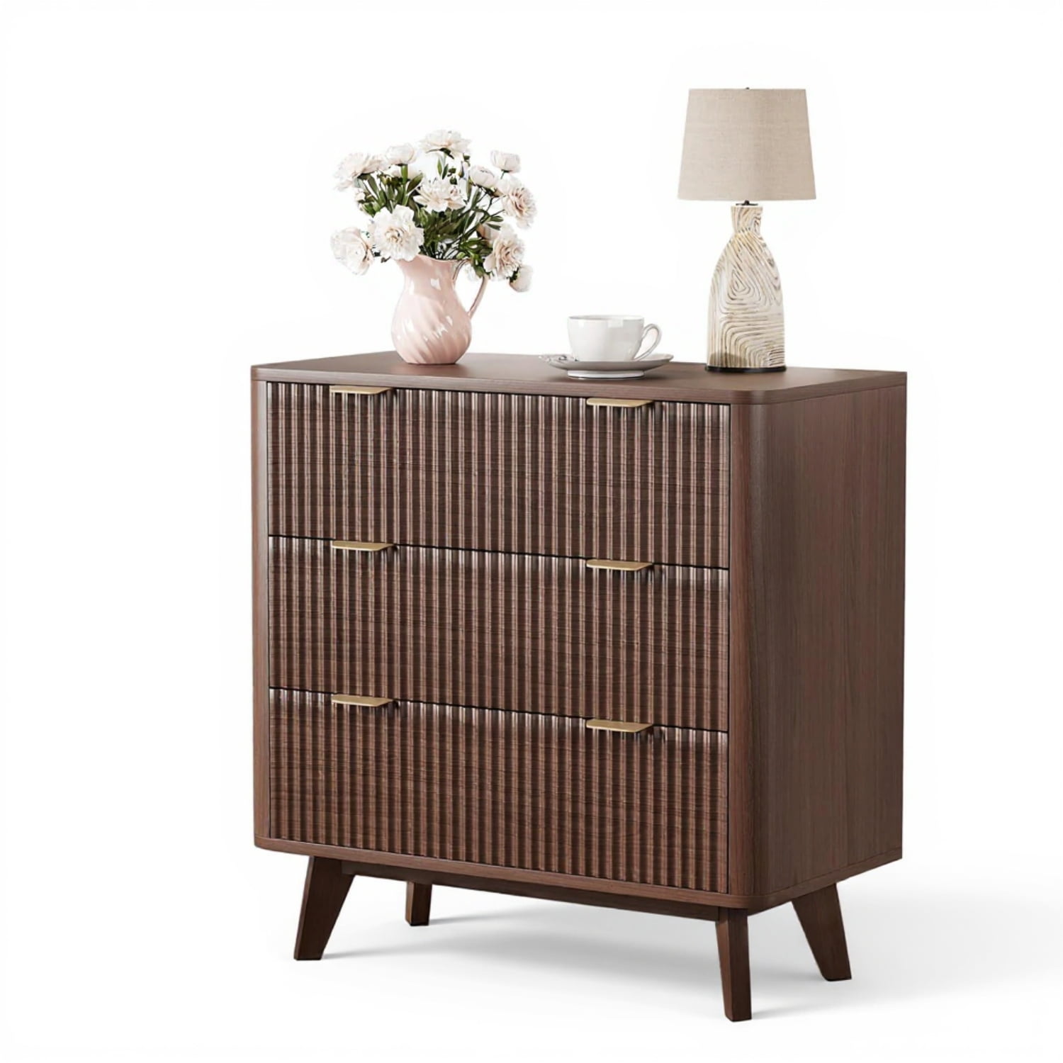 Garvee Farmhouse Nightstand for Living Room, 32" x 15.7" x 32", with 3 Drawers, Walnut Color