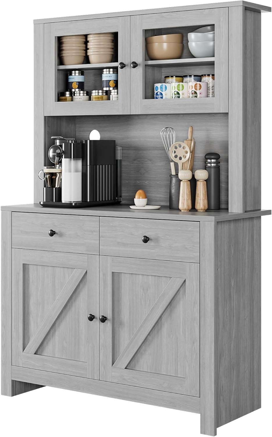 Garvee Farmhouse Pantry Cabinet with Microwave Stand, Rustic Buffet Sideboard with Sliding Door, Freestanding Cupboard with Shelves, Dark Grey