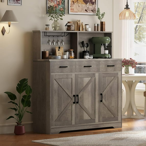 Garvee Farmhouse Sideboard Buffet Cabinet with Barn Doors, Microwave Stand, Drawers, and Shelves, Wooden Coffee Bar Storage Cabinet for Kitchen, Dining Room, and Living Room, Grey