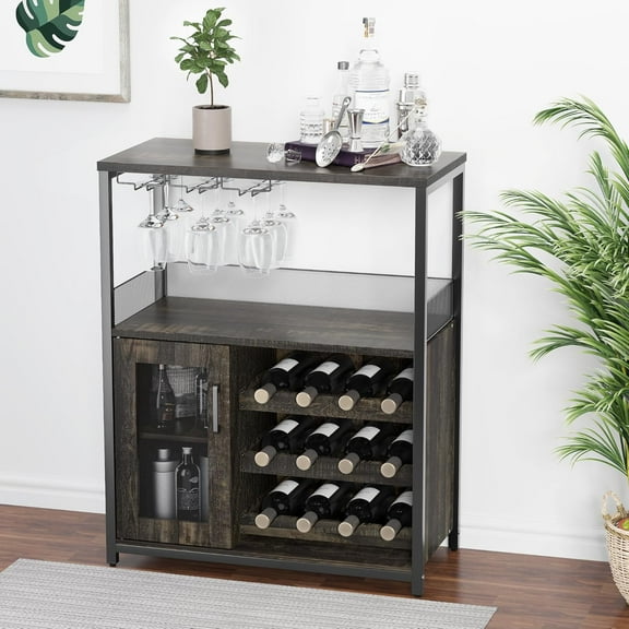 Garvee Farmhouse Wine Cabinet with Removable Wine Rack, Coffee Bar Cabinet with Barn Door and Adjustable Shelves, Kitchen Buffet Cabinet for Dining Room, Living Room, Grey Wood