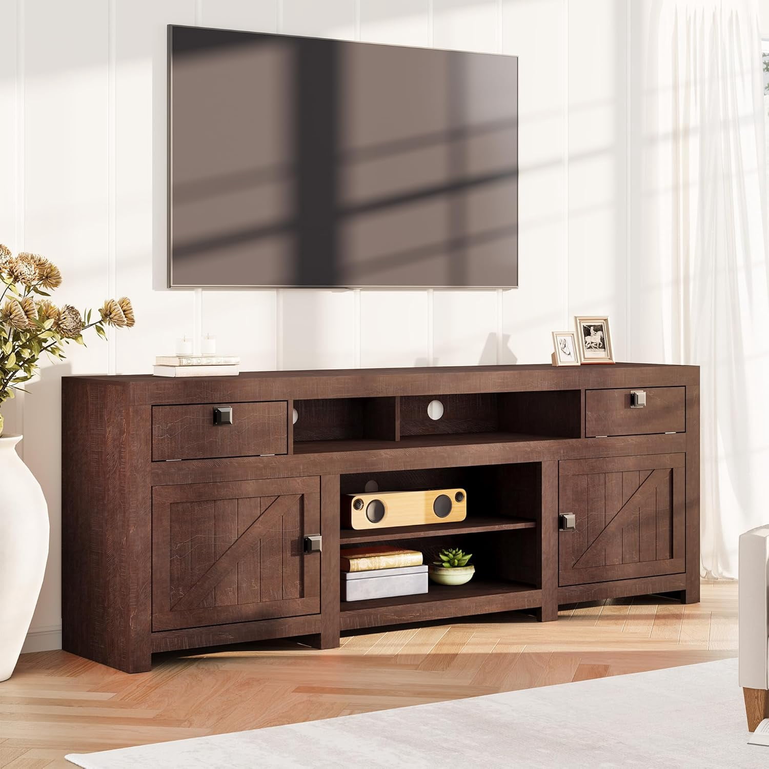 Garvee Farmhouse Wooden TV Stand for 75 Inch TV, 70" Long Entertainment Center with 4 Door and 2 Open Storage Spaces, Rustic TV Stand for Living Room, Bedroom