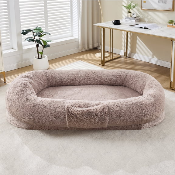 Garvee Faux Furs Human Dogs Bed for Adults & Pets – Large 65" x 41" x 12" Washable Bean Bag Lounge – Removable Cover, Handle & Side Pocket – Bedroom, Living Room, Office – Light Brown