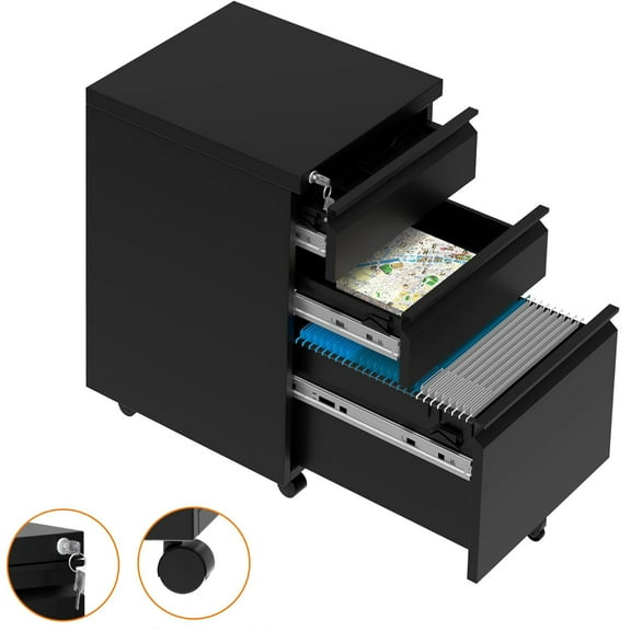 Garvee File Cabinets with 3 Drawers, Rolling File Cart W/2 Keys & Adjustable Shelf for Legal Letter A4 Files, Easy Assembly, Black