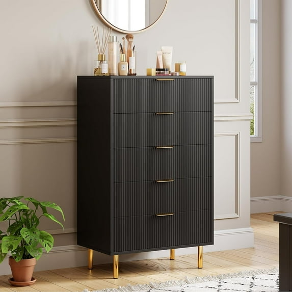 Garvee Modern Black 5 Drawer Dresser – Stylish Wood Chest with Gold Handles, Large Storage Drawers, Elegant Organizer for Bedroom, Living Room, Entryway