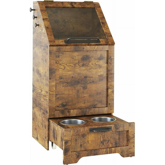 Garvee Flip Top Dog Food Storage Cabinet, Wooden Dog Feeding Station with 2 Pull-Out Elevated Bowls, Modern Dog Food Storage Container with 3 Hooks, Pet Toy Storage Organizer, Brown Finish