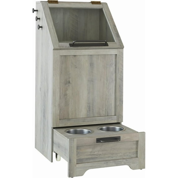 Garvee Flip Top Dog Food Storage Container, Wooden Pet Storage Cabinet with 2 Pull-Out Elevated Dog Bowls, Modern Pet Toy Organizer with 3 Hooks, Grey Finish