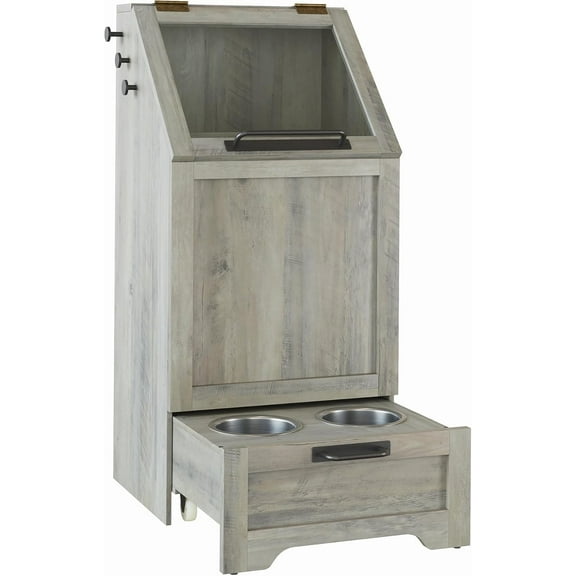 Garvee Flip Top Dog Food Storage Container, Wooden Pet Storage Cabinet with 2 Pull-Out Elevated Dog Bowls, Modern Pet Toy Organizer with 3 Hooks, Grey Finish