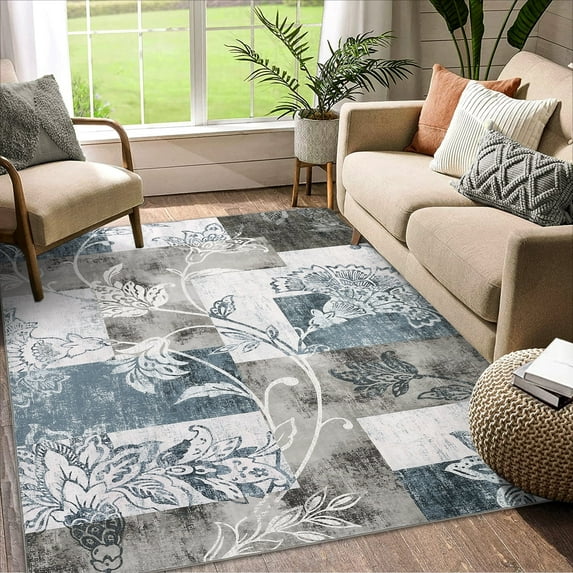 Garvee Floral 4'x6' Washable Geometric Rug Color-Block Patchwork Farmhouse Floor Carpet Soft Non-Shedding Anti-Slip Rug for Home Decor, Blue Gray