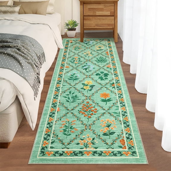 Garvee Floral Print Runner Rug 2'x6' Farmhouse Accent Carpet with Non-Slip Backing, Washable Rug Soft Low Pile Indoor Mat for Hallway Kitchen Bedroom, Green