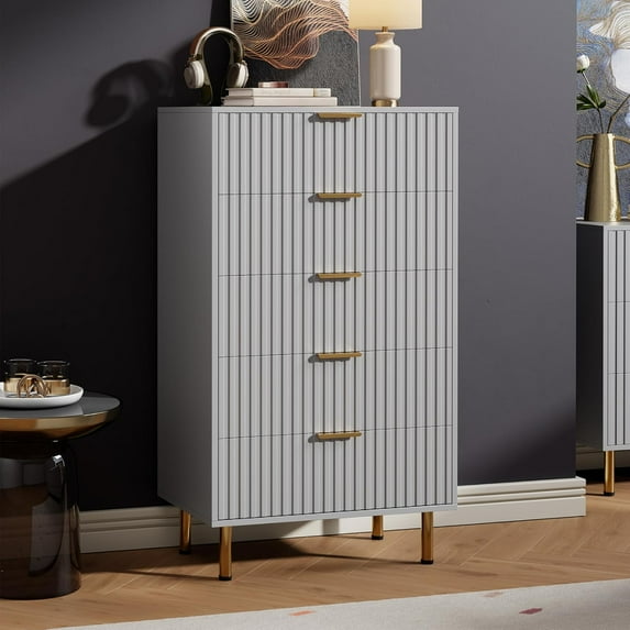 Garvee Fluted 5-Drawer Tall Dresser, Modern Wooden Storage Chest with Deep Drawers & Wide Top, Bedroom Organizer for Living Room, Hallway, Kids’ Room, Grey