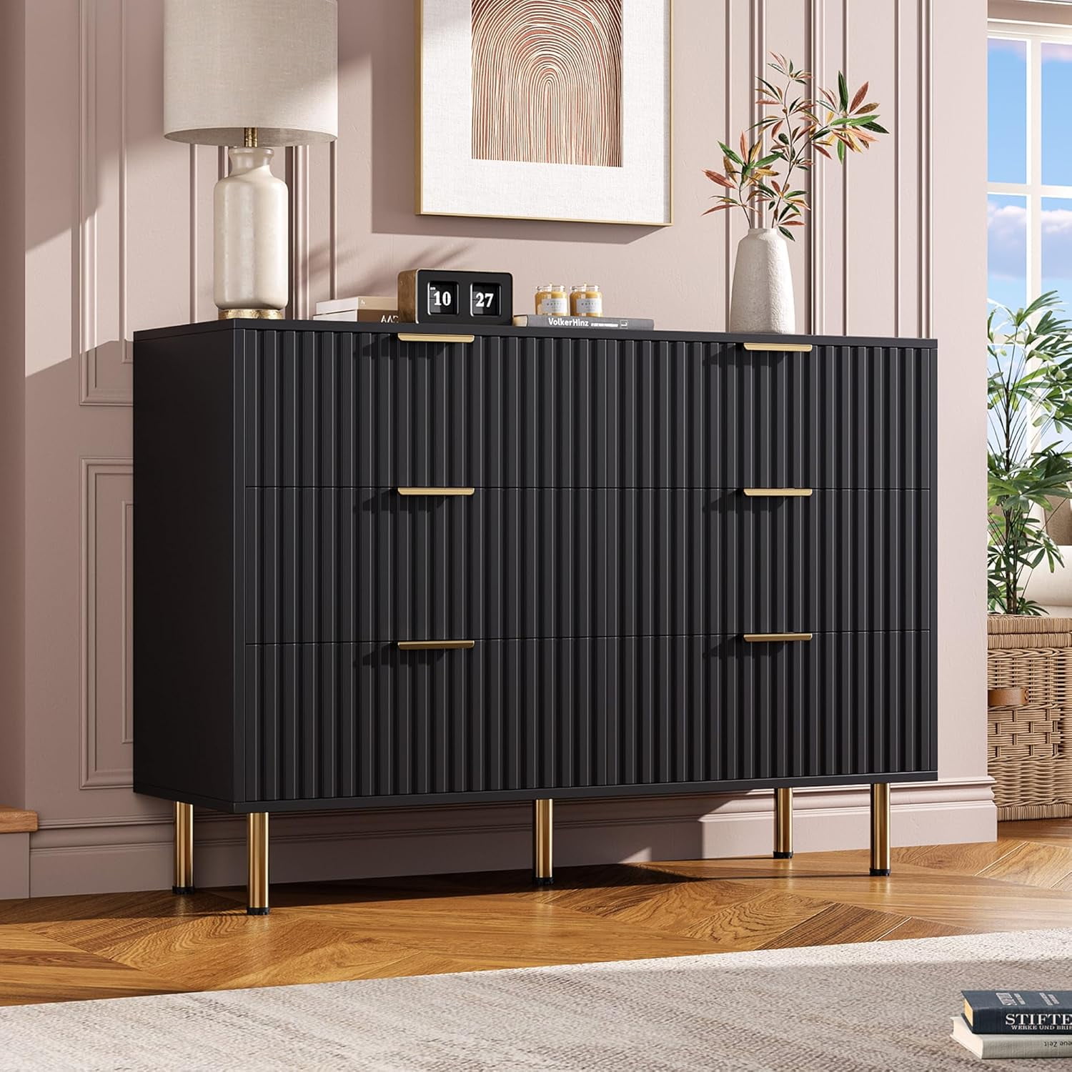 tall dresser for clothing deep Garvee Fluted 6-Drawer Dresser, Modern Wooden Storage Chest with Drawers & Wide Top, Bedroom Organizer Living Room, Hallway, Kids’ Room, Dresser chest Size:EU36 PATTERN:Floral The Sonnet Dress. -- with no walk