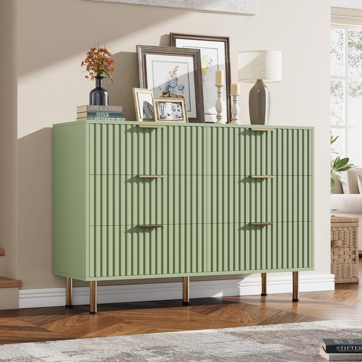 Garvee Fluted 6-Drawer Tall Dresser, Modern Wooden Storage Chest with ...