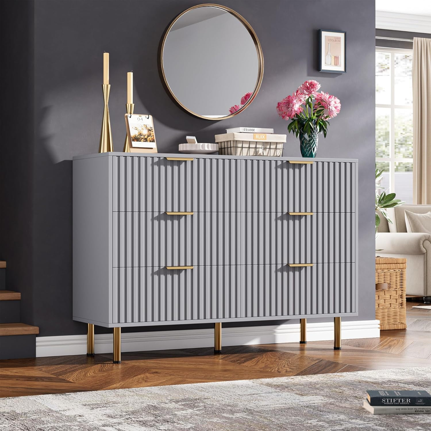 Garvee Fluted 6-Drawer Tall Dresser, Modern Wooden Storage Chest with ...