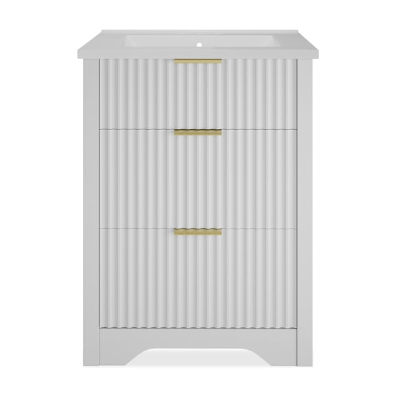 Garvee Fluted Bathroom Vanity with Basin - 2 Drawers & Turn-Down Storage - Easy Assembly & Cleaning - Modern Freestanding Cabinet for Home Office, White, 24 Inches