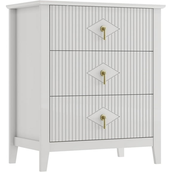 Garvee Fluted Dresser for Bedroom 27.5" Wide, 3-Drawer Wood Dresser Nightstand for Bedroom, Modern Chest of Drawers, Storage Organizer Cabinet for Living Room, Hallway, Entryway, White