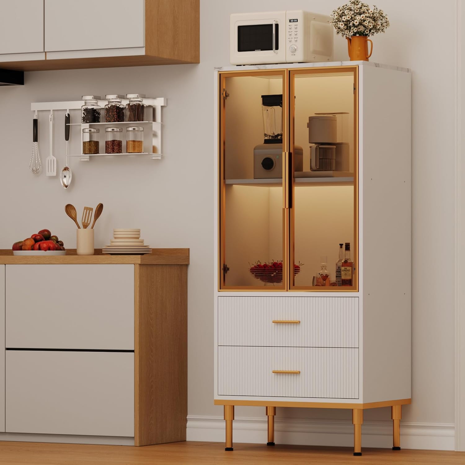 Garvee Fluted Storage Cabinet with Glass Door & Drawers, Modern Kitchen Pantry Cabinet with Adjustable Shelves, Display Curio Cabinet for Living Room, Office, White