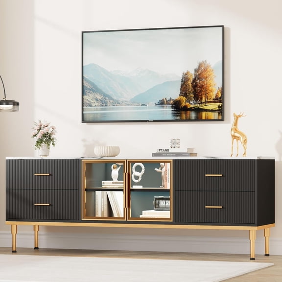Garvee Fluted TV Stand with Storage Drawers for TVs Up to 75 Inch, Entertainment Center TV Table with LED Lights and Glass Door, Media Console with Faux Marble Top for Living Room, Bedroom, Black