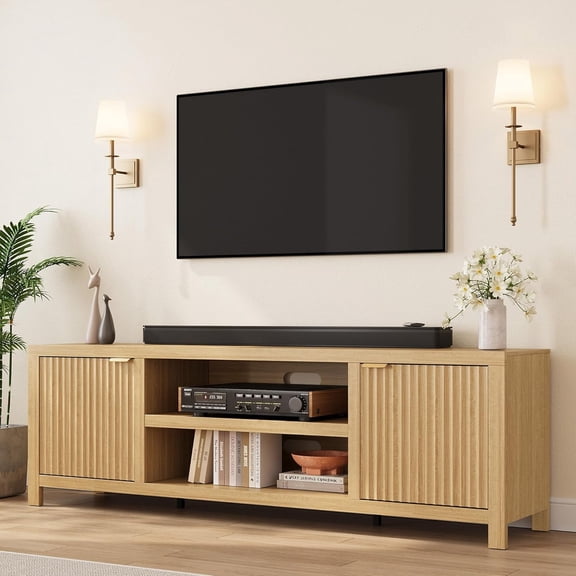 Garvee Fluted TV Stand for 80 Inch TV, Modern Entertainment Center with Storage, Media Console with Gold Handles & Fluted Doors, Natural Oak
