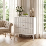 Garvee Fluted Wood Bedside Table with Charging Station, 32" Tall Bedside Table - 3 Drawers Storage - Modern Bedroom End Table, White