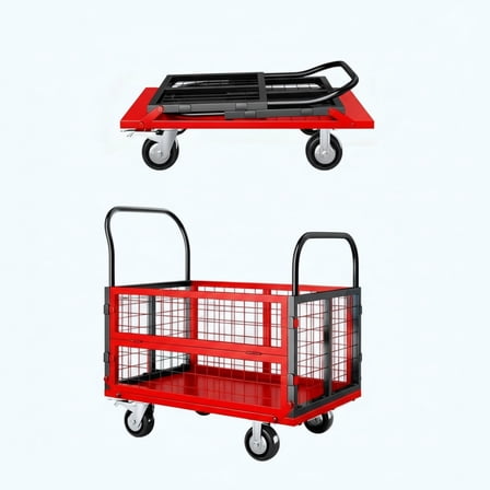 Garvee Foldable Platform Truck Cart, 39 x 26 x 42", with Cage Platform Truck,1800 lbs Max, Black & Red