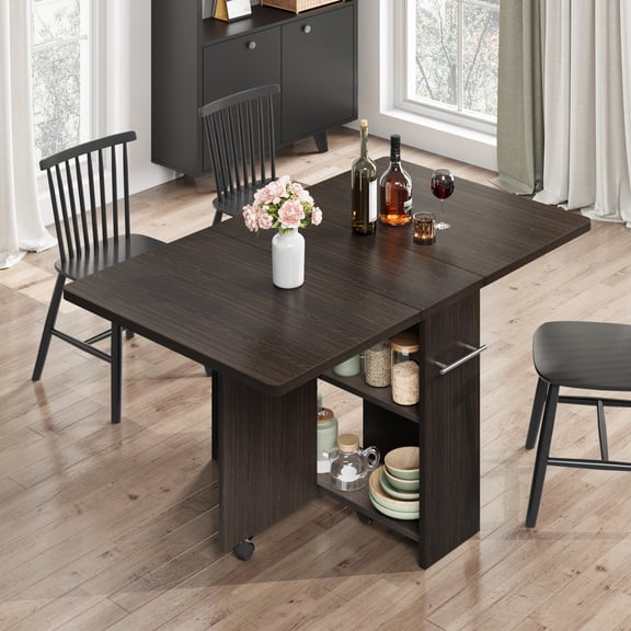 Garvee Folding Dining Table, Drop Leaf Mobile Kitchen Table with 6 Wheels and 2-Tier Storage Shelf, Space Saving Table for Small Spaces and Apartment, 47.2" D x 23.6" W x 29.5" H, Dark Walnut