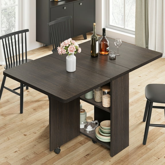 Garvee Folding Dining Table, Drop Leaf Mobile Kitchen Table with 6 Wheels and 2-Tier Storage Shelf, Space Saving Table for Small Spaces and Apartment, Dark Walnut, 50.1" D x 31.4" W x 29.5" H