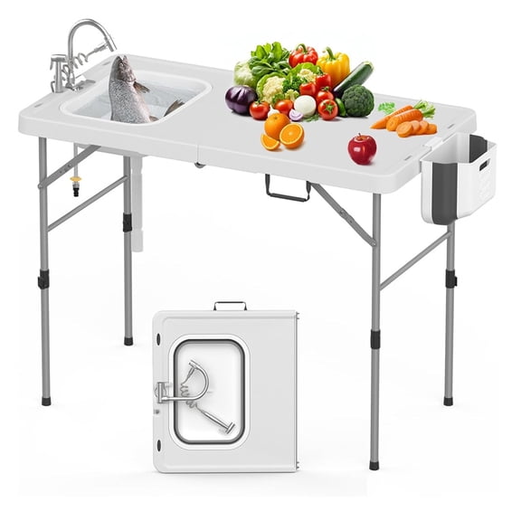 Garvee Folding Fish Cleaning Table with Foldable Sink, Portable Camping Table & Fish Cleaning Station, Camping Sink with Faucet Drainage Hose & Sprayer for Outdoor Picnic, Beach, Dock & Patio