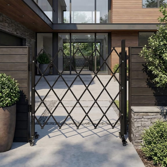 Garvee Folding Security Gate, 64"H x 70"W Lockable Steel Scissor Gate with 360° Casters, Retractable Outdoor Barricade