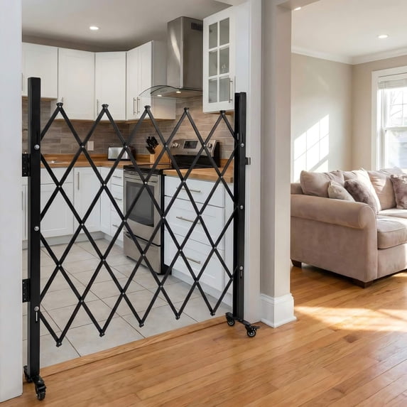Garvee Folding Security Gate, 87"H x 85"W Lockable Steel Scissor Gate with 360° Casters, Retractable Outdoor Barricade