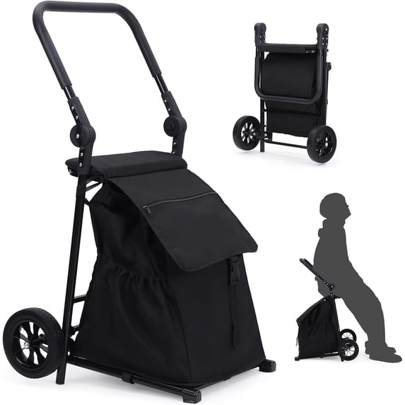 Garvee Folding Shopping Cart Portable Foldable Grocery Cart with Seat Function, Grocery Utility Cart on 2 Wheels Lightweight Shopping Trolley Cart Dolly with Black Waterproof Bag