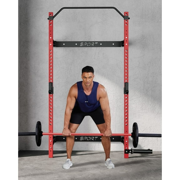 Garvee Folding Squat Rack with Barbell Bar, 1000 lbs Foldable Power Rack with J Hooks, Landmine Attachment, Wall Mounted Squat Power Cage for Home Gym