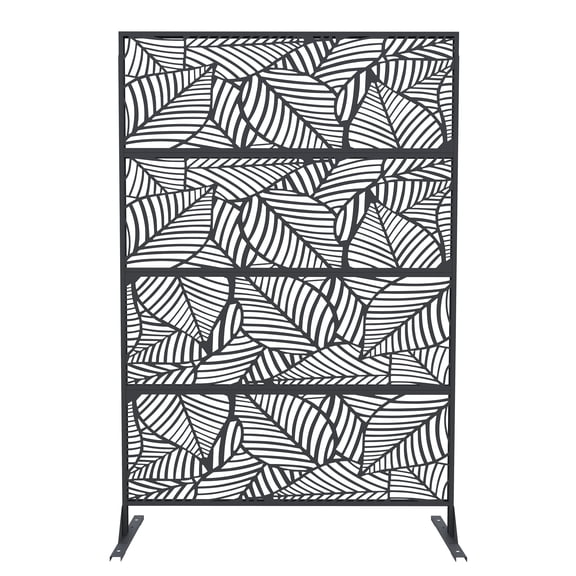 Garvee Freestanding Metal Privacy Screen Panel with Stand – 46 x 71 in Outdoor Decorative Leaff Design Fence Divider, Weather-Resistant, Ideal for Patio, Garden, Deck, Balcony – Black