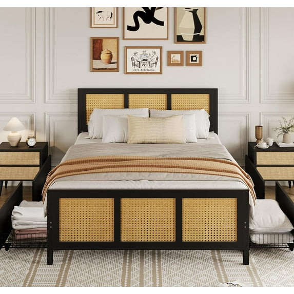 Garvee Full Rattan Bed Frame with Headboard, Boho Cane Platform, 4 Storage Drawers, Sturdy Metal Slats, Noise-Free, No Box Spring Needed, Black