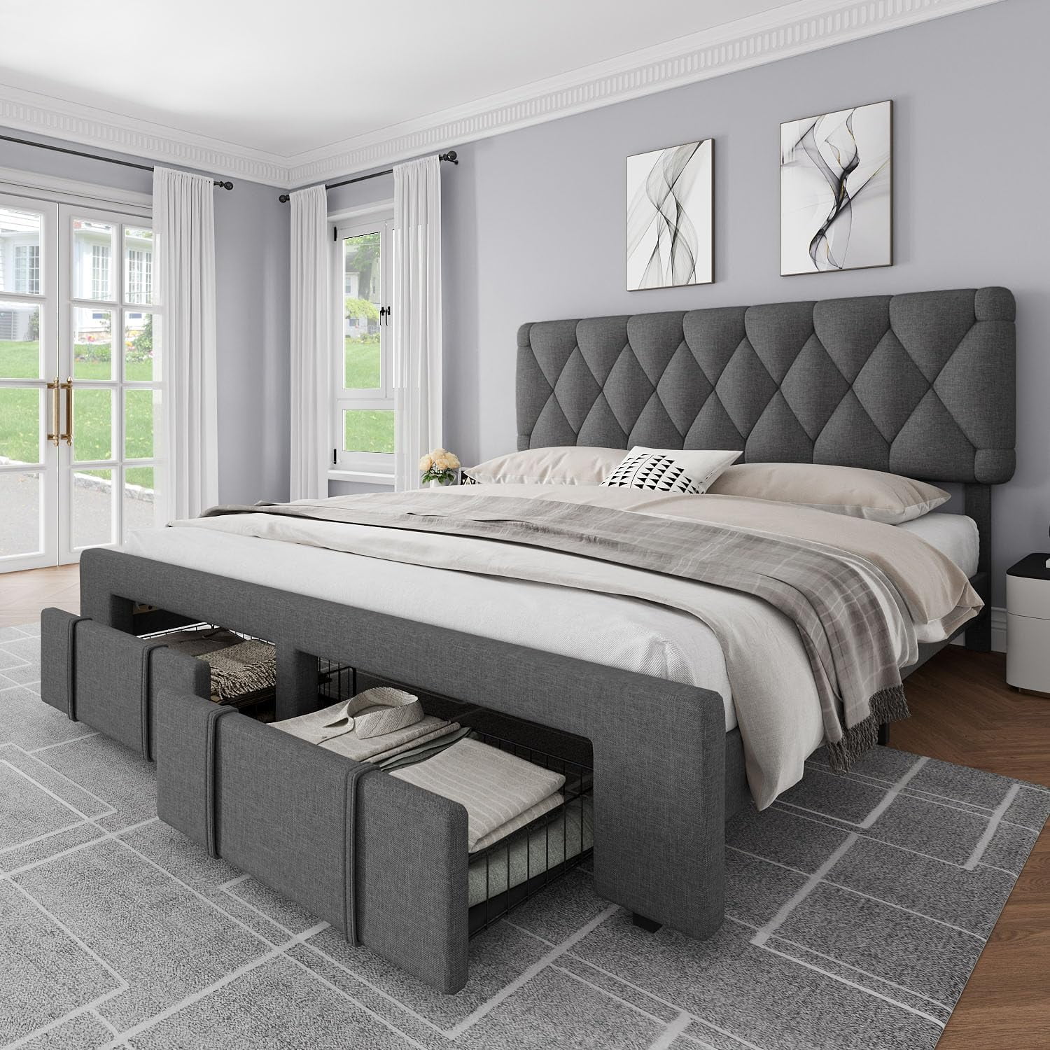 Garvee Full Size Bed Frame with 2 Storage Drawers, Upholstered Platform ...